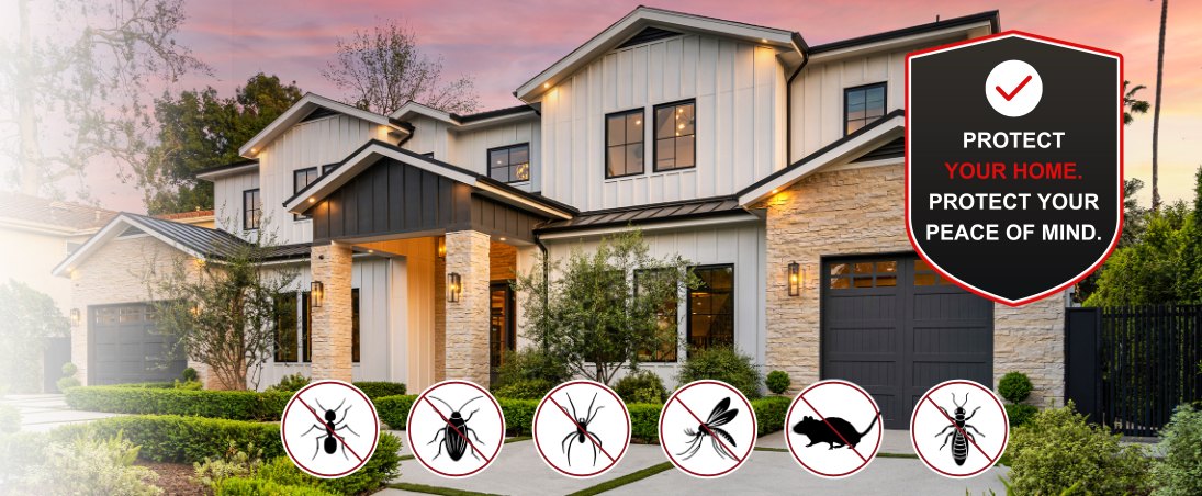 Protect your home, protect your peace of mind. Ants, cockroaches, spiders, mosquitoes, rodents and termites, crossed out.